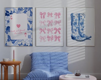 College Wall Art Set of 3 Blue and Pink Aesthetic Prints Cowboy Poster Preppy Wall Art 3 Piece Gallery Wall Set Trendy Dorm Decor Coquette