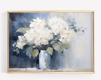 Hydrangea Print White Hydrangea Wall Art Vintage Painting Muted Home Decor Oil Painting Blue Grey Flowers Print Floral Wall Art