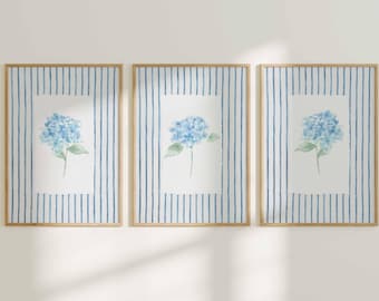 Coastal Floral Wall Art Set of 3: Blue Hydrangea Prints Set of 3, Hamptons Style Decor, Grandmillenial Preppy Botanical Print Set of 3