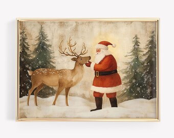 Vintage Weihnachtsmann Gemälde: Weihnachten Rentier Wandkunst