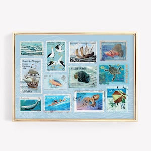 Vintage Küsten Druck Briefmarken Strand Druck Beachy Wand Kunst Küsten Wand Dekor Bunt Vintage Surf Art Vintage Briefmarken Poster Ästhetik Blau