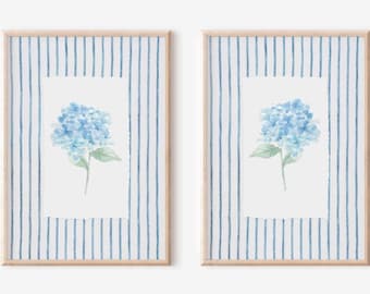 Blue Striped Hydrangea Wall Art Set of 2, Botanical Floral Print Set, Grandmillennial Cottagecore Decor, Coastal Blue Hydrangea Artwork