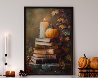 Stack of Books Fall Print: Pumpkin & Candle Autumn Decor