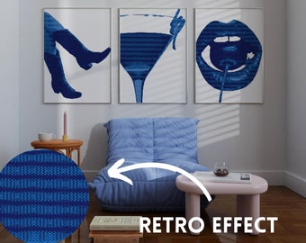Blue Wall Art Prints Set Retro, 3 Piece Wall Art Set Blue, Blue Dorm Wall Decor, Trendy Posters Set, Aesthetic Room Decorations, Funky Print