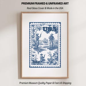 This blue cowboy stamp print blends vintage Americana with trendy western style. Featuring a retro toile-inspired design, it's perfect for cute dorm rooms, wild west-themed spaces, or eclectic home decor with a bold, nostalgic twist.