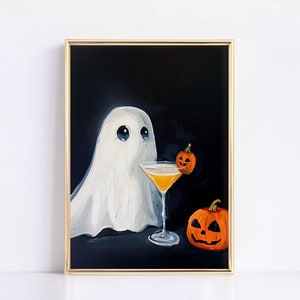Ghost With Cocktail Halloween Painting Funny Halloween Decor Vintage Halloween Oil Painting Ghost Painting Posters Goth Whimsical Wall Art