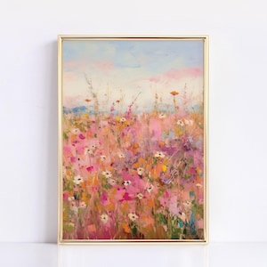 Pink Botanical Wildflower Oil Painting Printable Colorful Farmhouse Decor Pink Blue Floral Wall Art Floral Nursery Decor Trendy Flower