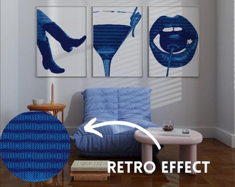 Trendy Blue Retro Physical Wall Art Set of 3 Piece Navy Dorm Decor Funky Cowgirl Boot Wall Art Bar Cart Decor College Girl Aesthetic Posters