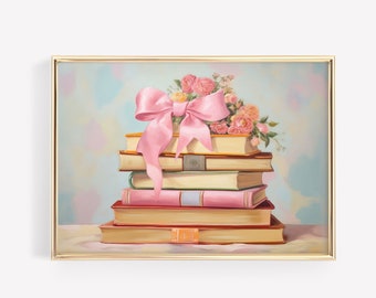 Books With Bow Physical Print Floral Summer Decor Girly Preppy Room Pastel Boho Wall Art Decor Book Lover Gift Aesthetic Wall Art Pink