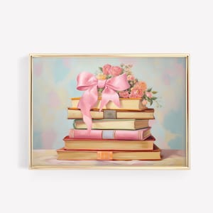 Books With Bow Physical Print Floral Summer Decor Girly Preppy Room Pastel Boho Wall Art Decor Book Lover Gift Aesthetic Wall Art Pink