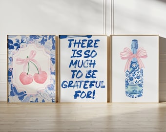Chinoiserie Physical 3 Piece Wall Art Aesthetic Blue White Pink Set of 3 Prints Room Decor Aesthetic y2k Champagne Bow Print Positive Quote