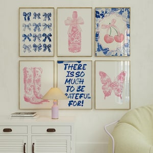 Blue And Pink Set of 6 Gallery Wall Art Trendy Navy Blue Dorm Decor Aesthetic Apartment Decor Preppy Bow Wall Art Coastal Granddaughter Cute