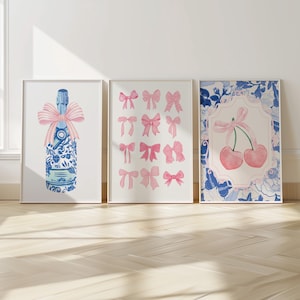 Pink And Blue 3 Piece Wall Art Aesthetic Blue White Pink Set of 3 Prints Chinoiserie Wall Art Aesthetic Trendy Bow Print Grandmillenial Art