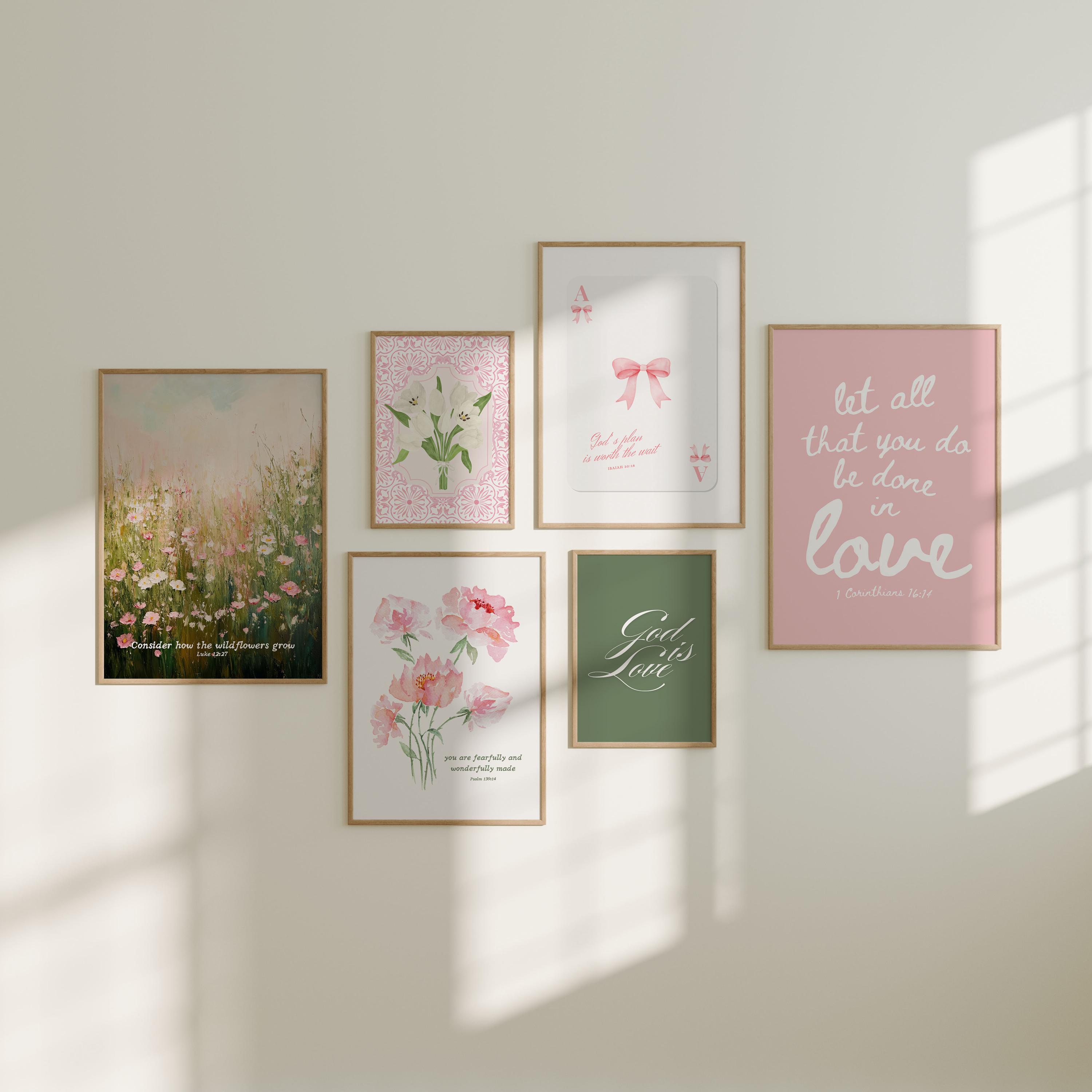 Trendy christelijke muurkunst bundel van 6, roze en groene christelijke prints, kleurrijk christelijk afdrukbaar muurdecor, coquette christelijke kunst