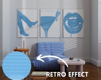 Conjunto de impresiones retro azules de los años 70: Arte de pared para dormitorio universitario (descarga digital)