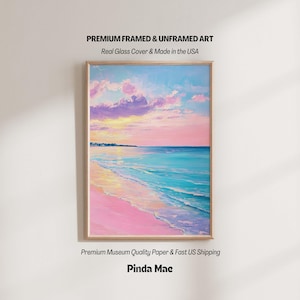 Peinture pastel coucher de soleil sur la plage : oeuvre d&#39;art murale côtière, encadrée ou non