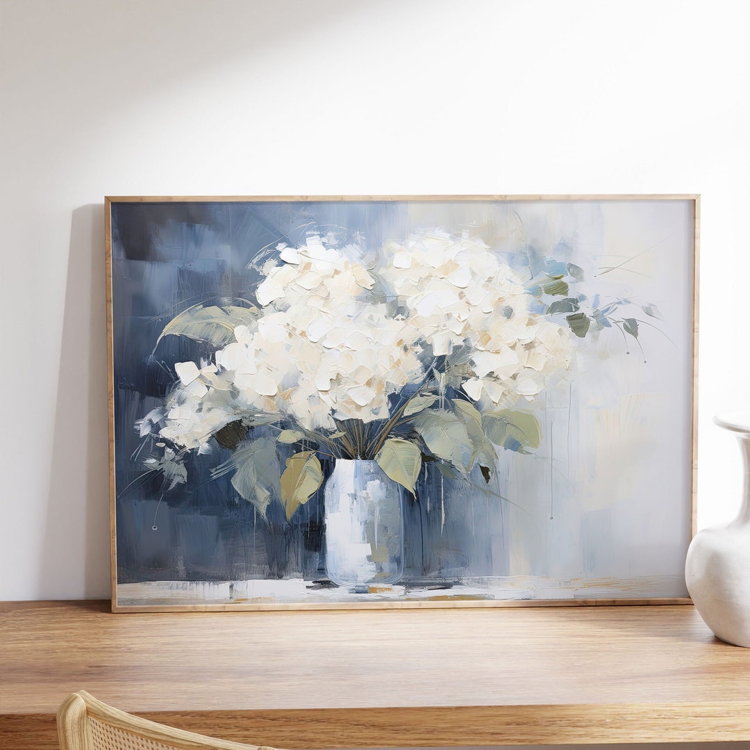 Vintage Hydrangea Painting: Muted Farmhouse Floral Wall Art - Etsy