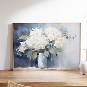 Vintage White Hydrangeas Print Physical Wall Art, Muted Farmhouse Botanical Wall Decor, Living Room Art, Hydrangea Painting, Floral Wall Art