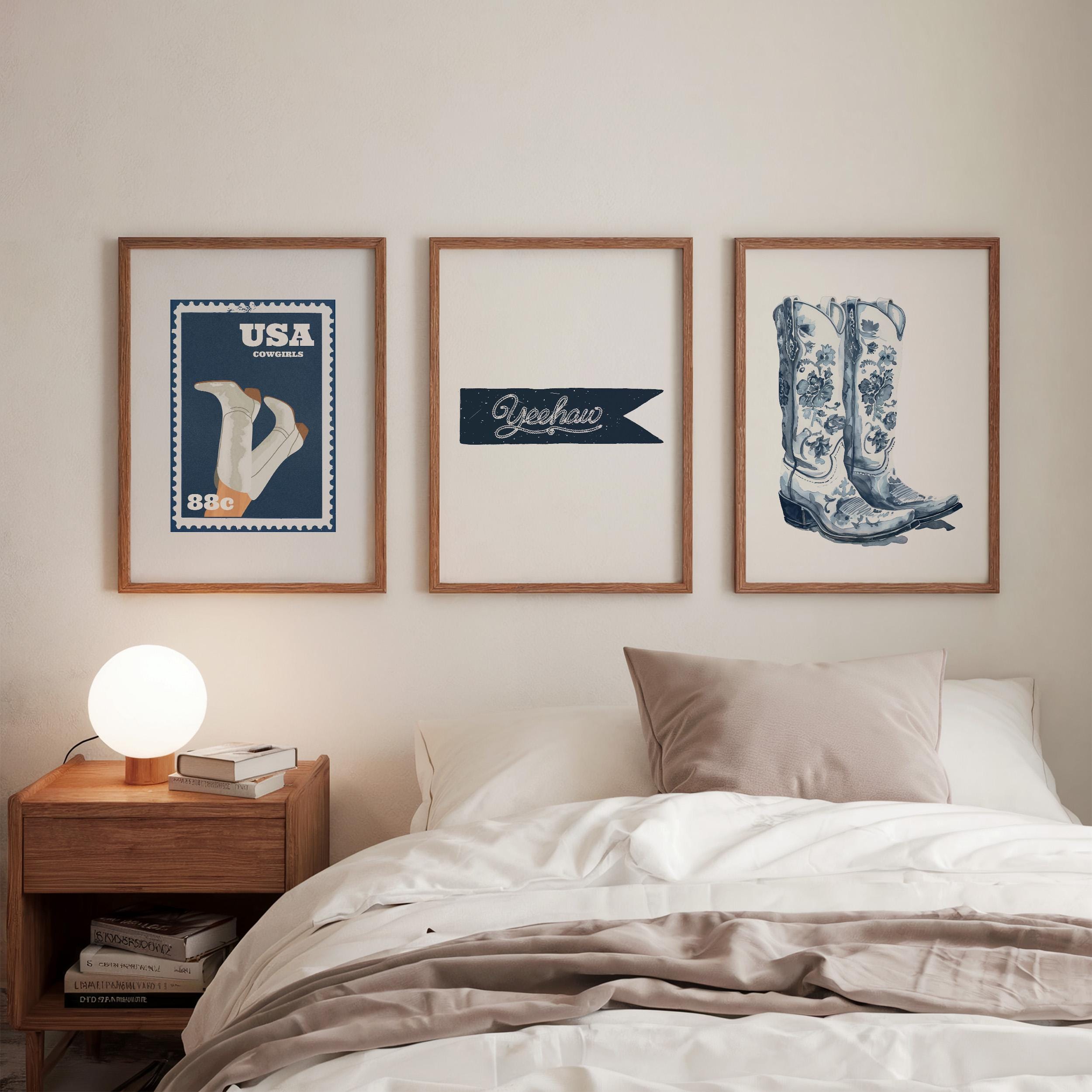 Cowgirl Wall Art Set of 3, USA Stamp Poster, Yeehaw Flag Print, Navy Chinoiserie Cowboy Boots, Western Dorm Decor, Americana Gift for Her