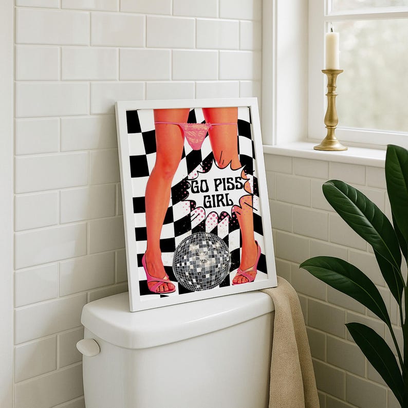 Go Piss Girl Funny Bathroom Print, Pop Art Wall Art, Printable Art Bathroom, Aesthetic Room Decoration, Disco Art Prints, Trendy Wall Art