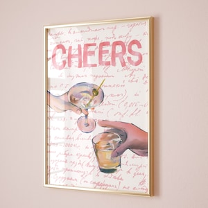 Proost roze barwagen kunst, kleurrijke aquarel poster, retro cocktailkunst, funky quote happy hour kunst, handgetekende roze keuken print, slaapzaal