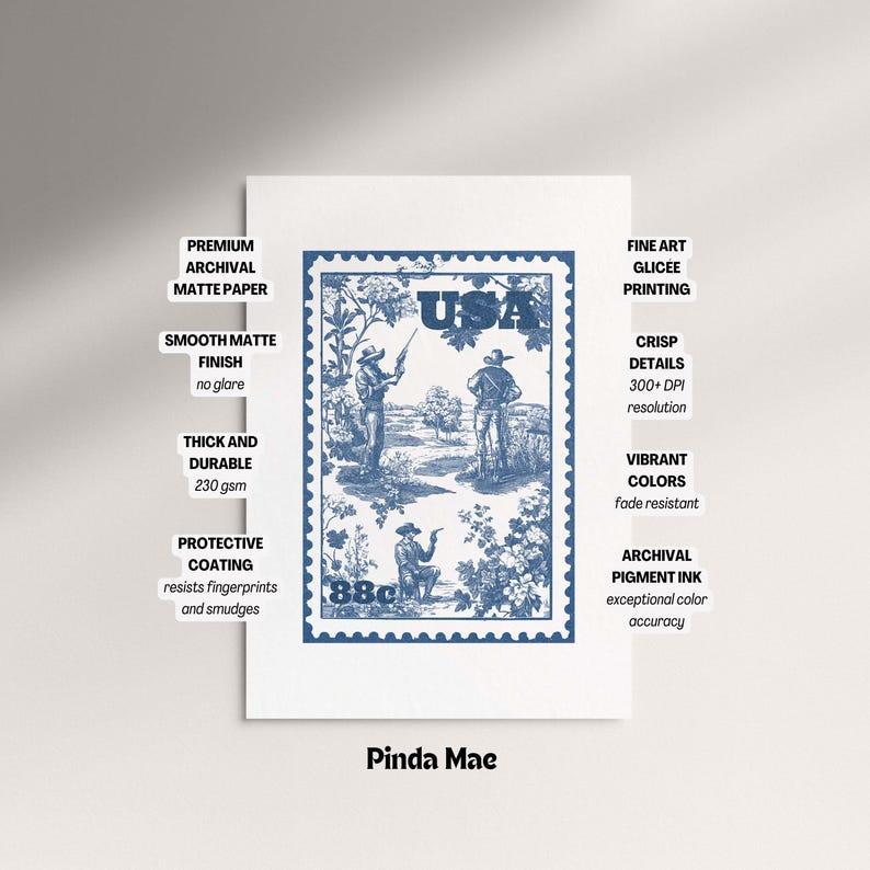 This blue cowboy stamp print blends vintage Americana with trendy western style. Featuring a retro toile-inspired design, it's perfect for cute dorm rooms, wild west-themed spaces, or eclectic home decor with a bold, nostalgic twist.
