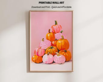 Gingham Pumpkin Wall Art, Pastel Fall Decor, Colorful Printable Autumn Home Art