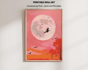 Witch Wall Art, Pastel Halloween Decor, Pink Witchy Print