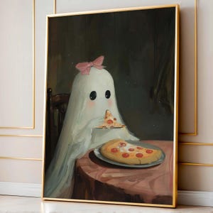 May include: A white ghost with a pink bow is sitting at a table eating a slice of pizza. The ghost has large, dark eyes and a sweet expression. The pizza is on a white plate with a red and white checkered tablecloth.