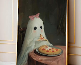 Funny Ghost Eating Pizza Print: Girly Halloween Decor (Digital Download)