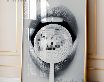 Disco Ball Lollipop Print, Retro Black and White Wall Art