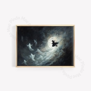 Vintage Witch Halloween Painting, Witchy Wall Art, Moon Decor, Spooky Poster, Ghost Wall Art, Dark Scary Indoors Halloween Decor