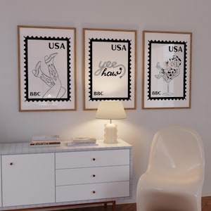 Printable Cowgirl Prints Set of 3, Black and White Western Wall Art, Retro Yeehaw Dorm Decor, Preppy Cowgirl Boots Print Bundle, Cute Poster