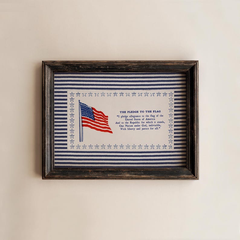 Pledge of Allegiance Print, Blue Stripe Americana Wall Art, Vintage Classroom Decor, Patriotic Poster, Homeschool Wall Art