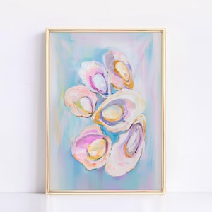 Pintura de ostras en tonos pastel, arte de pared de ostras rosas y azules, decoración estética de apartamentos, póster colorido del océano, arte de pared costero, impresión artística playera
