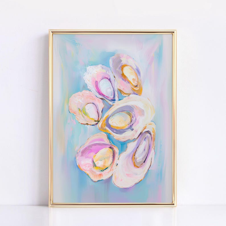 Pastel Oysters Painting, Pink Blue Oysters Wall Art, Aesthetic Apartment Decor, Colorful Ocean Poster, Coastal Wall Art, Beachy Art Print