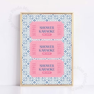 Rosa Blau Badezimmerdruck, Dusche Karaoke Lustiges Badezimmer Kunst, Trendige Wandkunst, Retro Ticket Druck, Ästhetisches Wohnung Dekor, Vintage Kunst