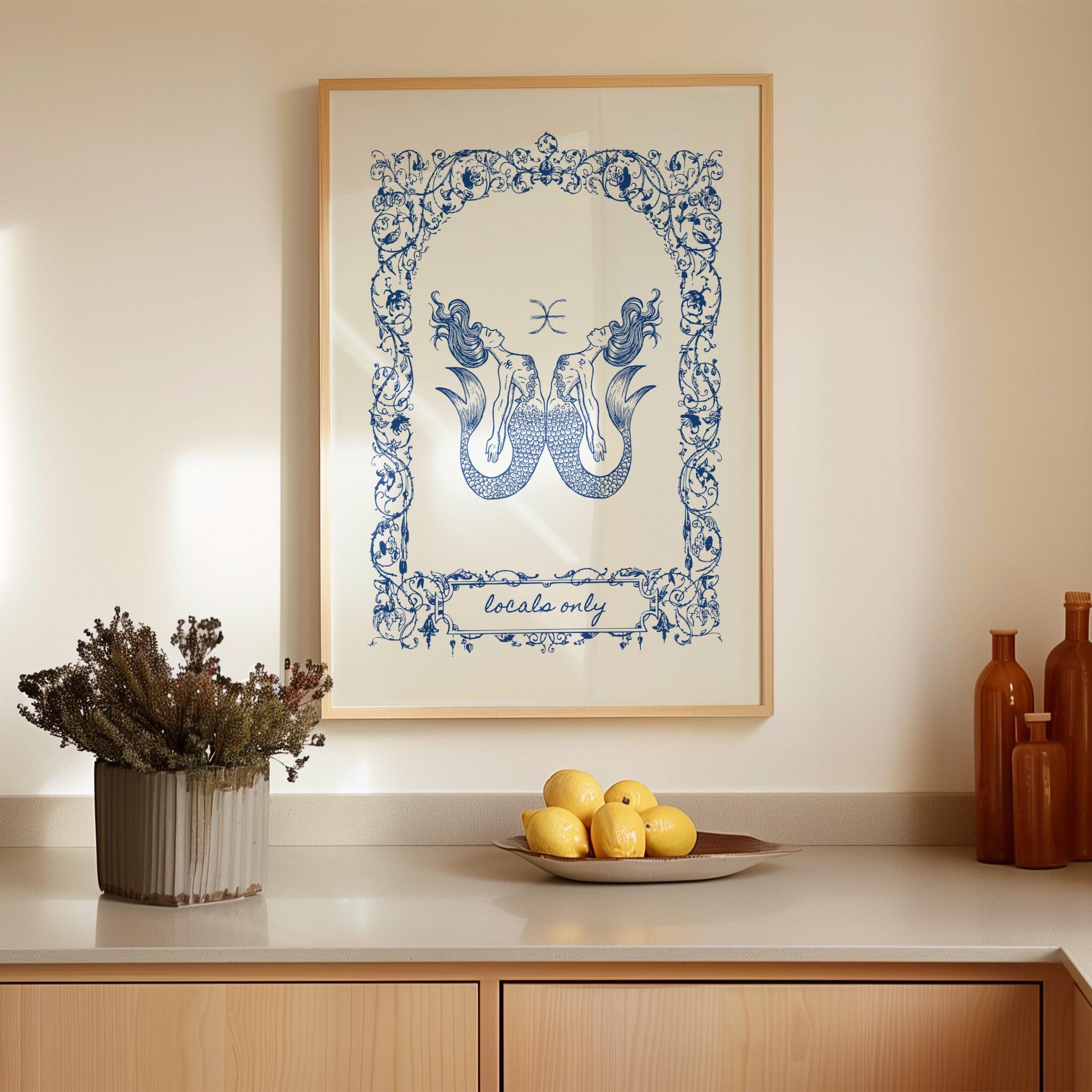 Vintage zeemeerminnen print alleen locals, retro kustmuurkunst, esthetisch strandhuisdecor, nautische badkamerposter, leuk decor van de hal