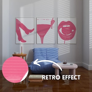Juego de 3 piezas de arte de pared físico de moda retro rosa, decoración de dormitorio rosa, arte de pared con botas de vaquera funky, impresiones femeninas, carteles estéticos de chicas universitarias