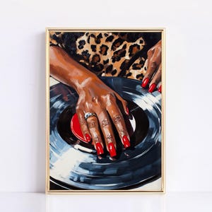 Black Woman Retro Painting, Art Deco Wall Poster, Record Player Wall Art, Leopard Print, Vintage Music Poster, Cool Bar Cart Art, Eclectic