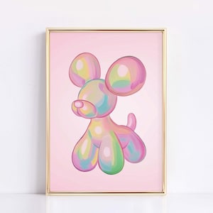 Dipinto di un cane con palloncino rosa, decorazione murale estetica retrò, arte moderna colorata, arredamento pop art alla moda, poster carino per ragazze, arredamento pastello Y2K