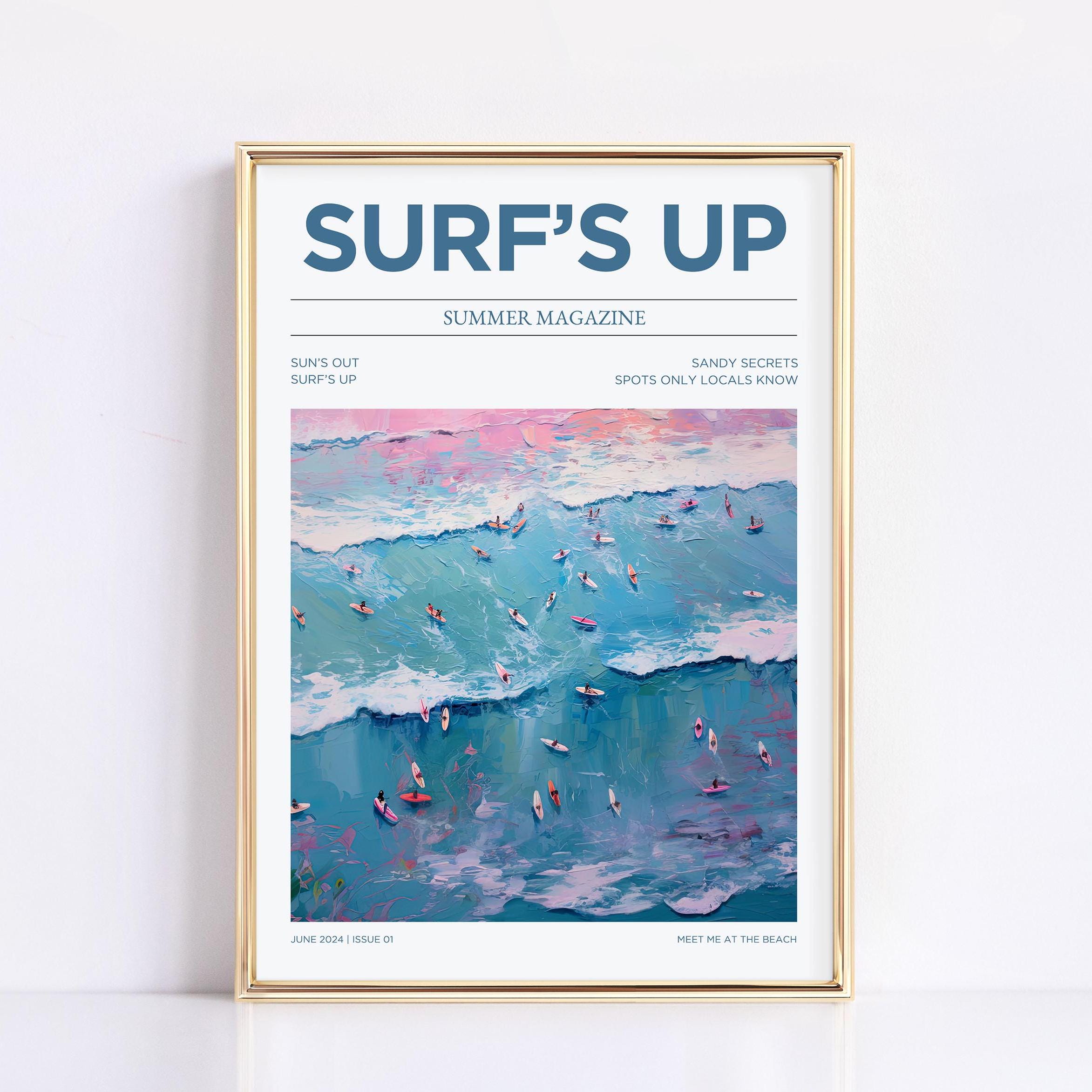 Surf's Up Surf Wall Art Physical Poster Blue Coastal Print Aesthetic Pink Blue Print Ocean Art Print Girly Dorm Room Decor Surfer Gift Cute