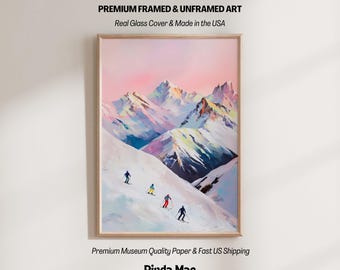Skiing Painting Pastel Oil Painting Winter Wall Art Ski Poster Pink Blue Wall Art Cute Mountain Art Print Colorful Winter Decor Aesthetic