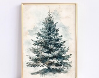 Winter Pine Tree Watercolor Painting: Holiday Farmhouse Wall Art