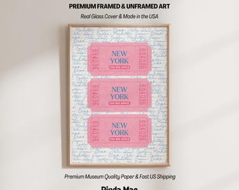Arte de parede com ingressos para Nova York, pôster da cidade de Nova York, decoração rosa e azul descolada