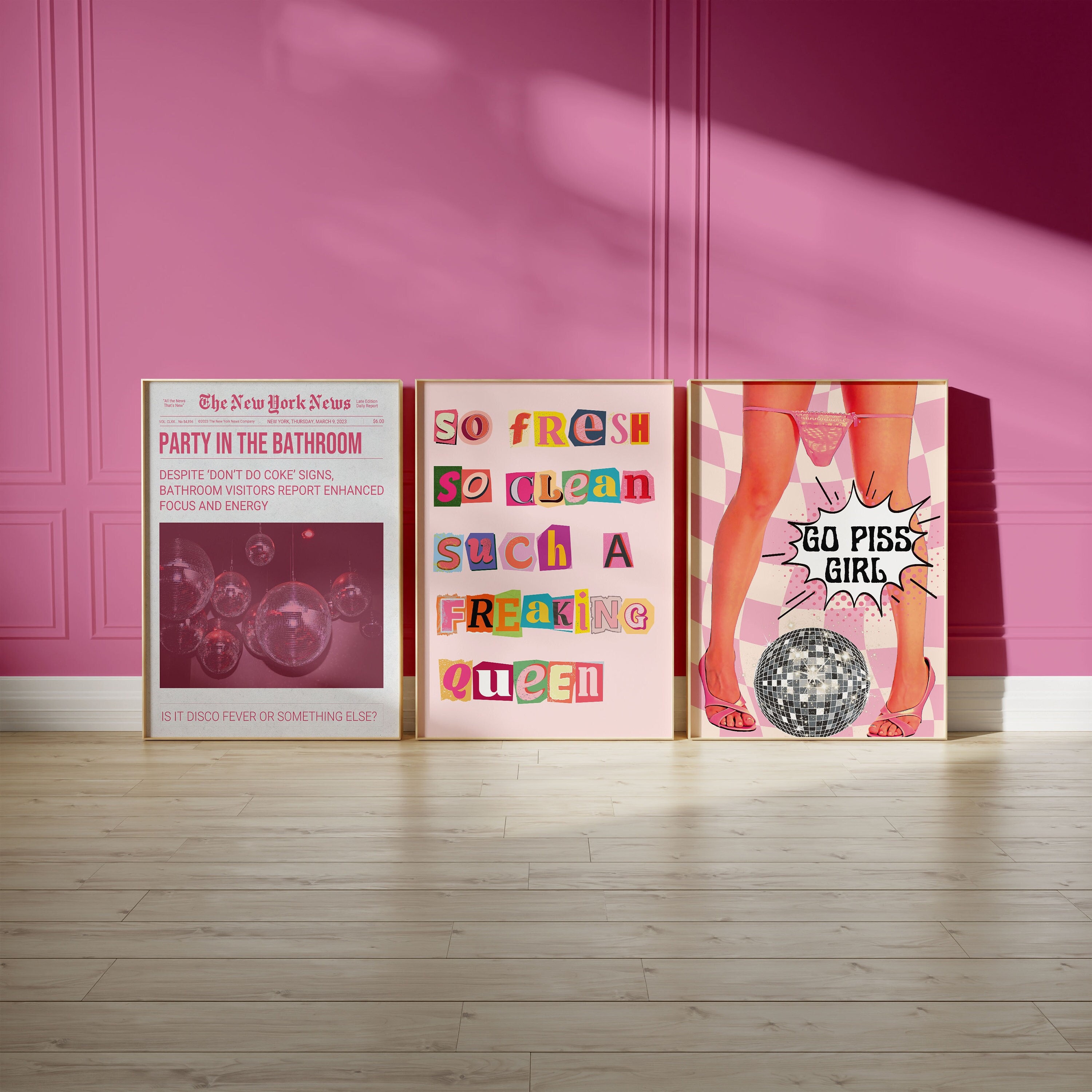 Bathroom Decorations Set, Trendy Pink Poster Set of 3, Bathroom Toilet Decoration, Coke Bathroom Art, Go Piss Girl, Dorm Decorating Wall