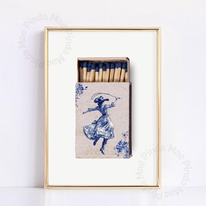 ヴィンテージカウガールマッチ箱プリント、シノワズリウエスタンマッチ箱ウォールアート、レトロブルーロデオ装飾、沿岸カウガールアートアメリカーナカントリーポスター