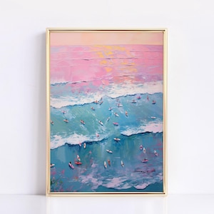 Art mural Beachy impression physique esthétique affiche de surf rose surf aérien peinture impression océan été Girly Decor art mural surdimensionné bleu