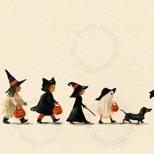 May include: An illustration of four children in Halloween costumes walking in a line with a small black dog. The figures include a child in a white robe and witch hat, a child in a black cape, a child in a black dress and hat, and a ghost.