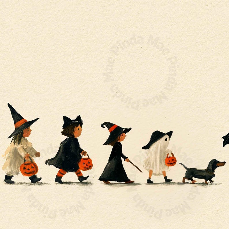 May include: An illustration of four children in Halloween costumes walking in a line with a small black dog. The figures include a child in a white robe and witch hat, a child in a black cape, a child in a black dress and hat, and a ghost.